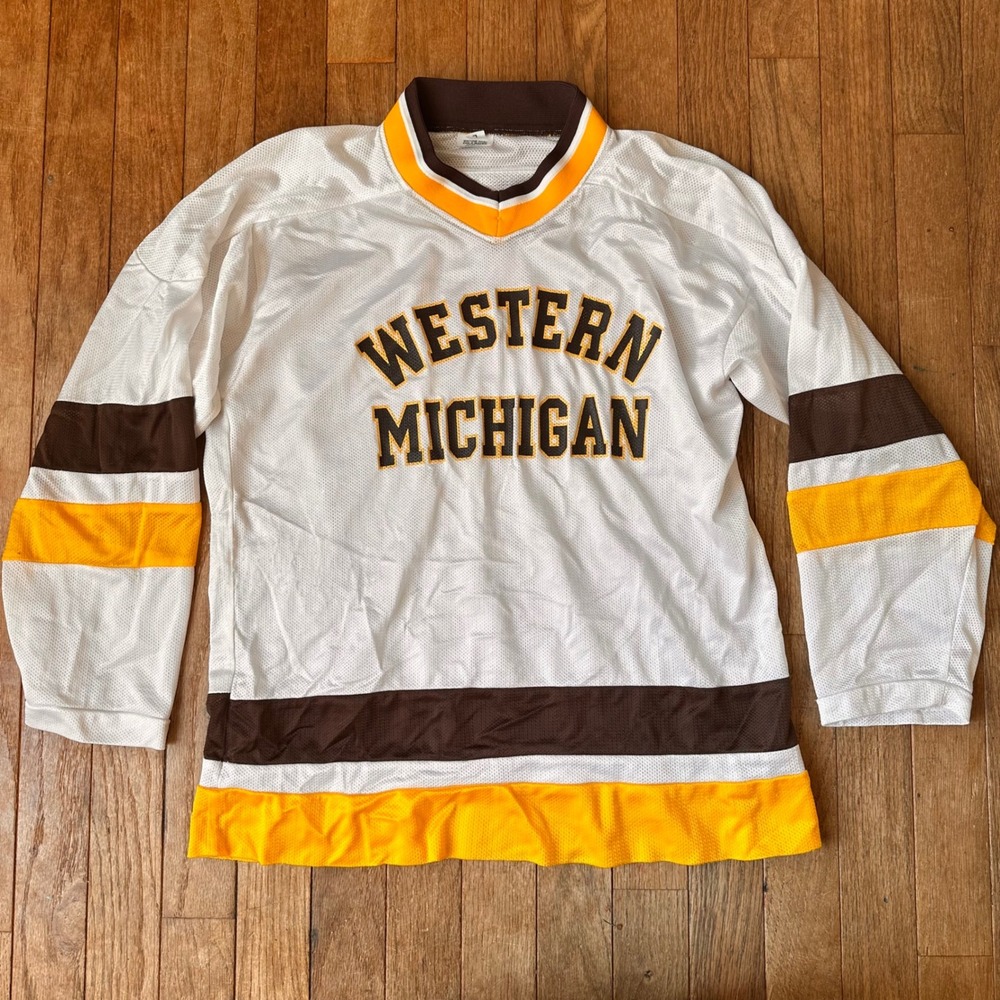 90s Western Michigan Hockey Jersey Kids Large Mesh Striped White Brown Sporty